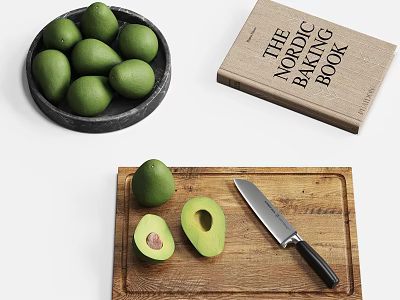 Fresh Green Avocados on Black Plate Whole and Halved on Wooden Cutting Board with Knife 3d model
