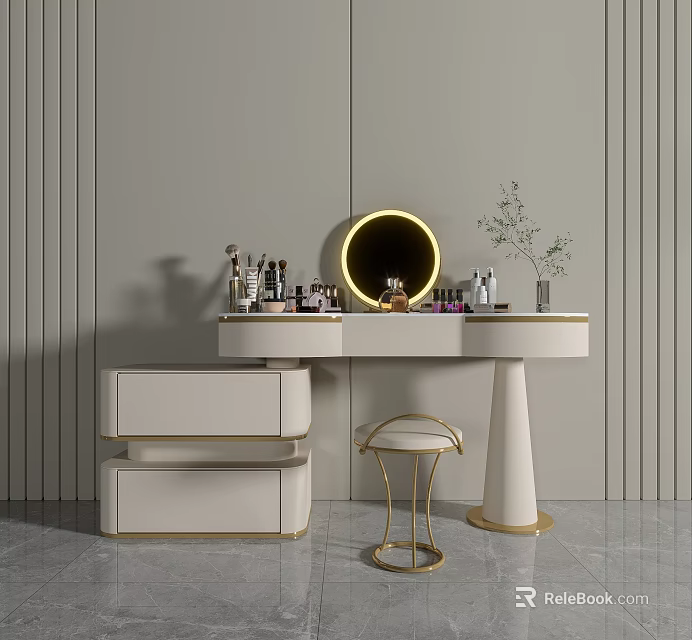Elegant Light Colored Vanity Table With Round Gold Mirror Makeup Bottles Stool And Small Plant 3d model 