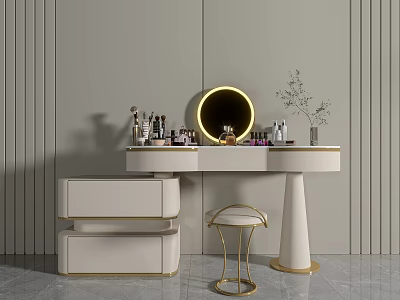 Elegant Light Colored Vanity Table With Round Gold Mirror Makeup Bottles Stool And Small Plant 3d model