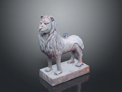 Traditional Stone Lion Statue With Detailed Mane Square Base And Ornamental Top 3d model