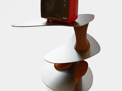 Unique Spiral Design Side Table with Metal and Wooden Structure and Red Vintage TV 3d model