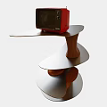 Unique Spiral Design Side Table with Metal and Wooden Structure and Red Vintage TV
