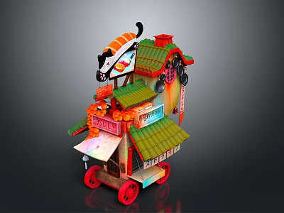 Colorful Street Vendor Cart With Green Roof Red Wheels And Cartoon Cat Decoration 3d model