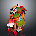 Colorful Street Vendor Cart With Green Roof Red Wheels And Cartoon Cat Decoration