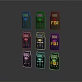 Various Colored Tactical Weapons with POLICE FBI Markings Arranged in Multiple Rows