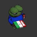 3D Green Frog Game Character Wearing Blue Shirt Brown Shorts Holding Pizza Box Cola