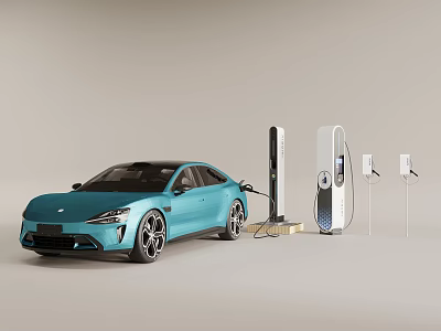 Blue Electric Car Charging At Modern Charging Station With Cables And Equipment 3d model