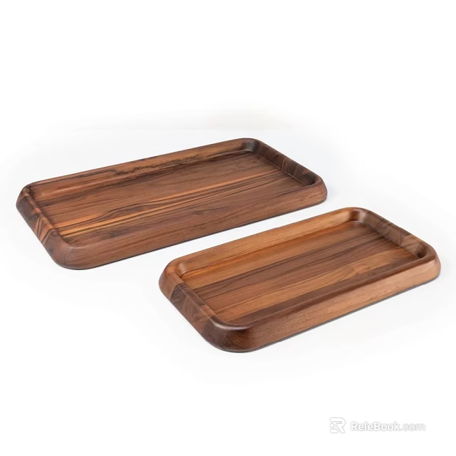 Set of Two Rectangular Wooden Trays With Curved Edges And Natural Grain 3d model 