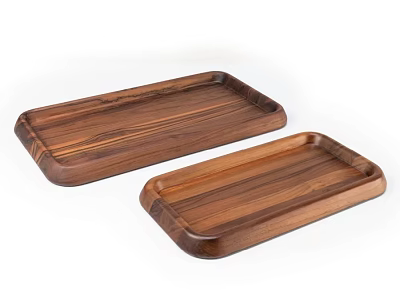 Set of Two Rectangular Wooden Trays With Curved Edges And Natural Grain 3d model