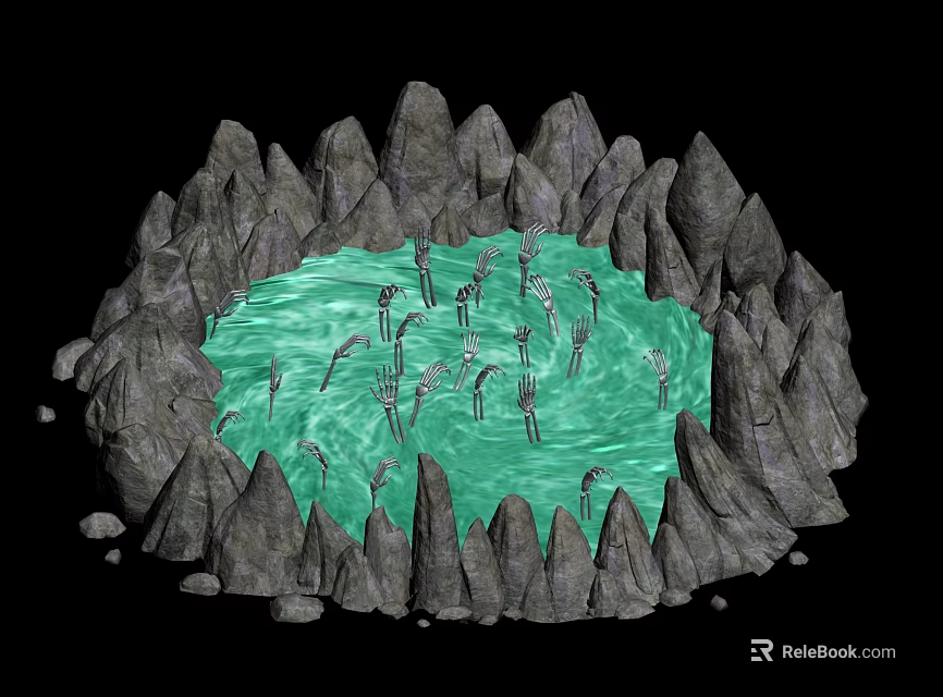 Rocky Surroundings Encircle Green Pool With Plant Like Structures Inside 3d model 