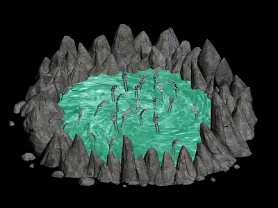Rocky Surroundings Encircle Green Pool With Plant Like Structures Inside 3d model