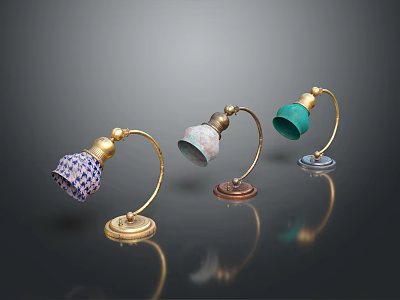Three Intricate Carved Metal Sculptures Featuring Colorful Lampshades And Artistic Design 3d model