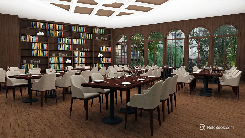 Restaurant Interior With Wooden Bookshelves Arched Windows And Dining Tables With White Chairs 3d model 