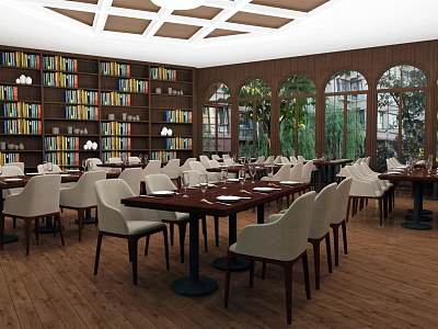 Restaurant Interior With Wooden Bookshelves Arched Windows And Dining Tables With White Chairs 3d model