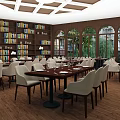 Restaurant Interior With Wooden Bookshelves Arched Windows And Dining Tables With White Chairs