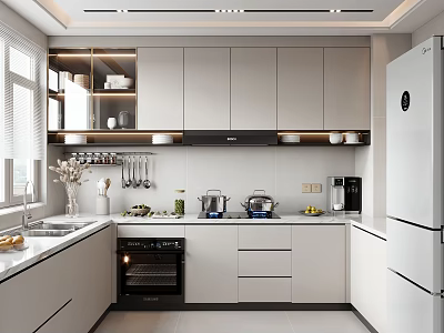 Modern Kitchen Interior With White And Grey Cabinets Oven Coffee Maker Refrigerator And Open Shelving 3d model