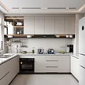 Modern Kitchen Interior With White And Grey Cabinets Oven Coffee Maker Refrigerator And Open Shelving