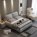 Modern Bedroom Background Double Bed With Gray Bedding Side Tables White Armchair And Wall Sconces