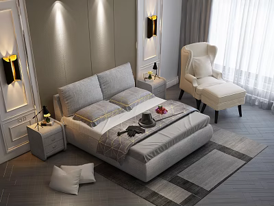 Modern Bedroom Background Double Bed With Gray Bedding Side Tables White Armchair And Wall Sconces 3d model