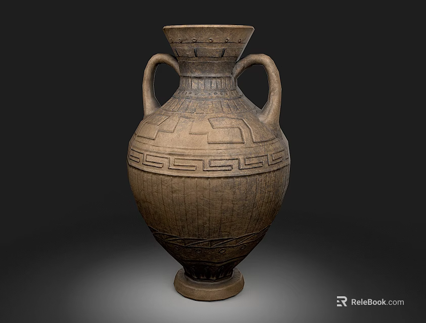 Handcrafted Ceramic Vase With Two Handles And Carved Geometric Patterns 3d model 