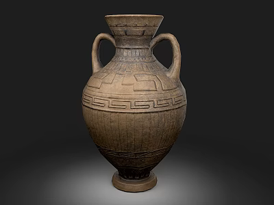 Handcrafted Ceramic Vase With Two Handles And Carved Geometric Patterns 3d model