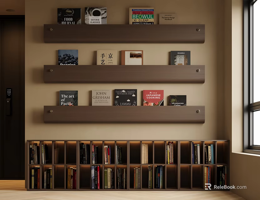 Modern Bookshelf Unit With Layered Wall Shelves And Closed Cabinet Filled With Books 3d model 