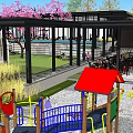 Modern Sales Office Building With Cage Like Structure On Lawn And Cherry Blossom Tree