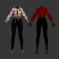 Women's Fashion Outfits With Beige Red Tops Black Pants Suspenders And Gloves