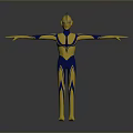Game Movie Character in Blue Yellow Costume with Arms Outstretched Standing on Grass Textured Base