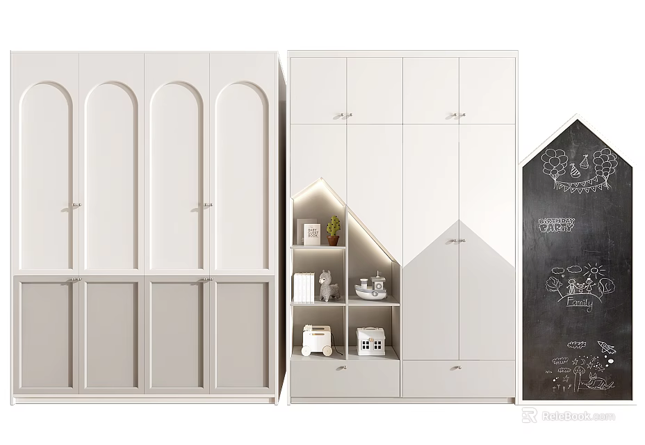 White And Black Wardrobes With Arched Doors Open Shelves Decorations And Kids Style Patterns 3d model 