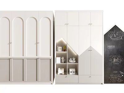 White And Black Wardrobes With Arched Doors Open Shelves Decorations And Kids Style Patterns 3d model