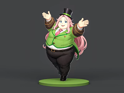 Woman With Pink Long Hair Black Top Hat Green Coat Open Arms Standing On Green Base 3d model