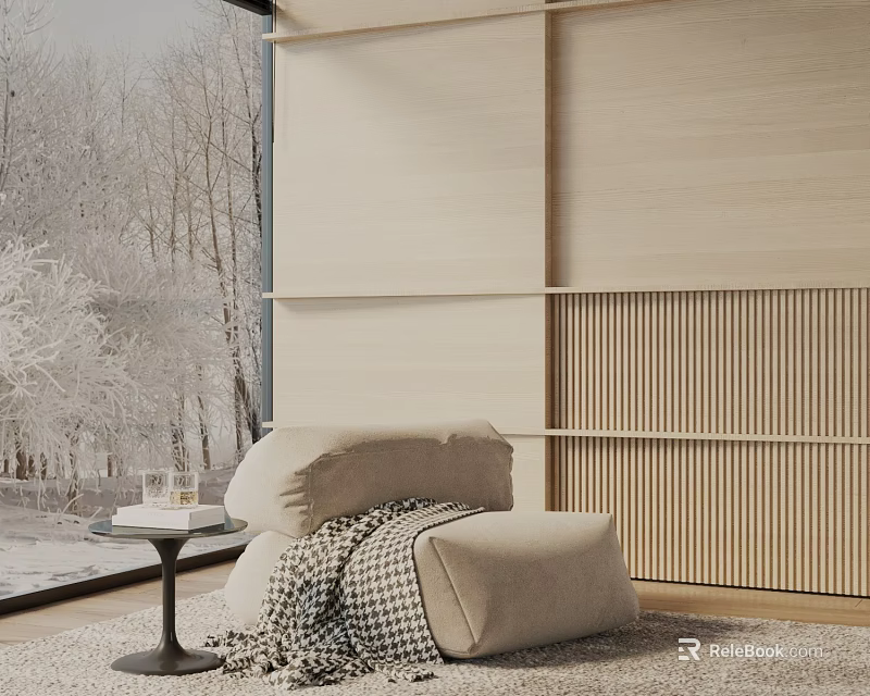 Cozy Modern Lounge Chair By Window With Plaid Blanket And Wooden Wall Panel 3d model 