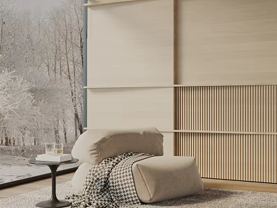 Cozy Modern Lounge Chair By Window With Plaid Blanket And Wooden Wall Panel 3d model