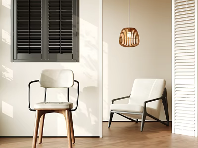 Modern White Accent Chair in Bright Interior with Wooden Floor Window Shutters and Pendant Light 3d model