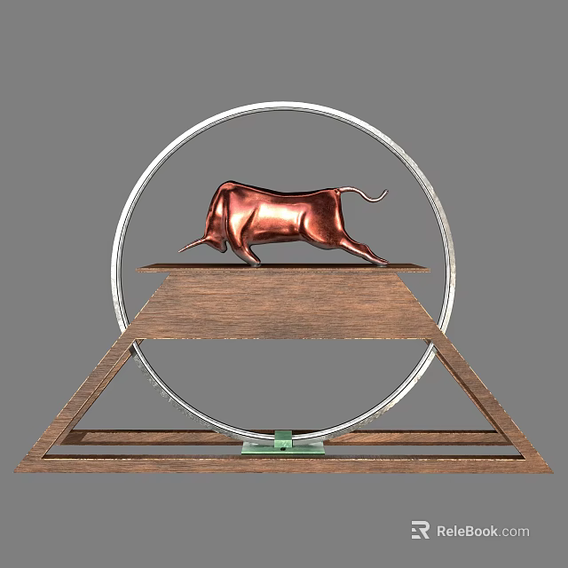 Elegant Ornamental Decoration Set With Copper Bull On Wooden Platform And Silver Circular Ring 3d model 