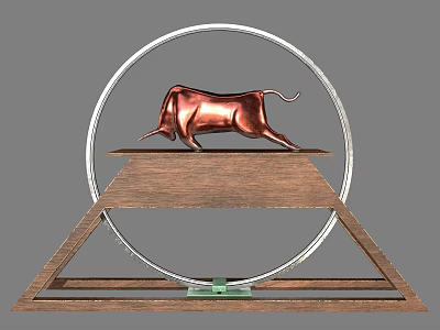Elegant Ornamental Decoration Set With Copper Bull On Wooden Platform And Silver Circular Ring 3d model
