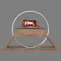 Elegant Ornamental Decoration Set With Copper Bull On Wooden Platform And Silver Circular Ring