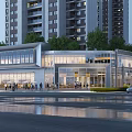 Modern Commercial Street With Glass Buildings Pedestrians Green Trees And Tall Residential Buildings