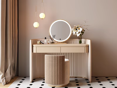 Minimalist Dressing Table with Round Mirror Stool and White Flower Vase Under Pendant Lights 3d model