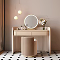 Minimalist Dressing Table with Round Mirror Stool and White Flower Vase Under Pendant Lights