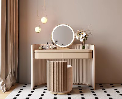 Minimalist Dressing Table with Round Mirror Stool and White Flower Vase Under Pendant Lights 3d model