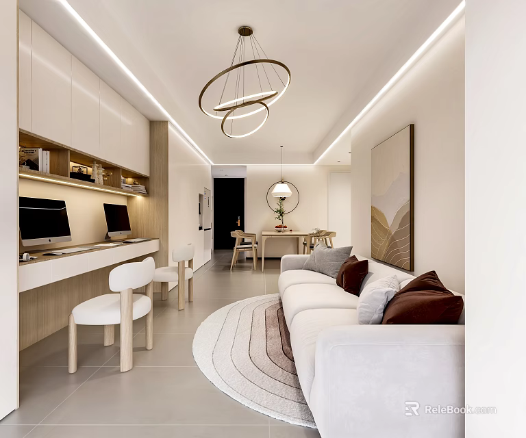 Modern Dining Living Room Interior With White Sofa Round Rug Dining Table And Hanging Lights 3d model 