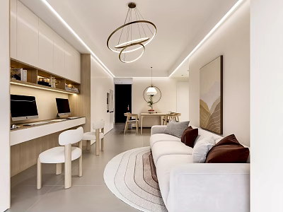 Modern Dining Living Room Interior With White Sofa Round Rug Dining Table And Hanging Lights 3d model