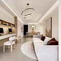 Modern Dining Living Room Interior With White Sofa Round Rug Dining Table And Hanging Lights