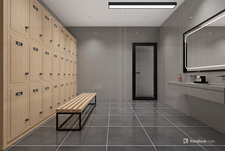 Modern Locker Room Interior With Wooden Lockers Bench Mirror And Sink 3d model 