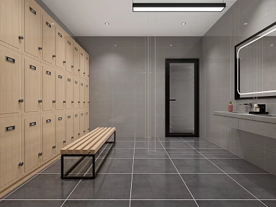 Modern Locker Room Interior With Wooden Lockers Bench Mirror And Sink 3d model