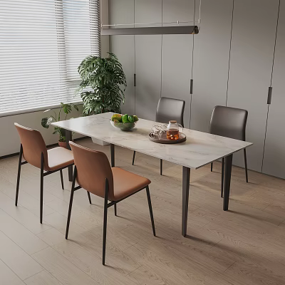 Modern Dining Table Set With Brown Leather Gray Chairs Fruit Bowl Tray And Green Plant 3d model