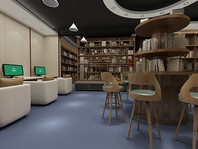 Modern Window Blinds Decorating Cozy Reading Room With Bookshelves And Seating Furniture 3d model