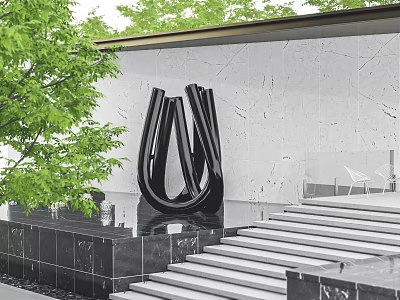 Abstract Black Sculpture On Water Platform With White Wall And Green Trees 3d model